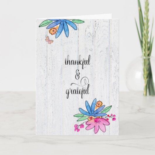 dank je wel met waterverf bloemen op hout bedankkaart (Voorkant)