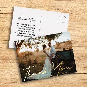dank je wel , moderne gouden handschrift trouwfoto folie feestdagen briefkaart