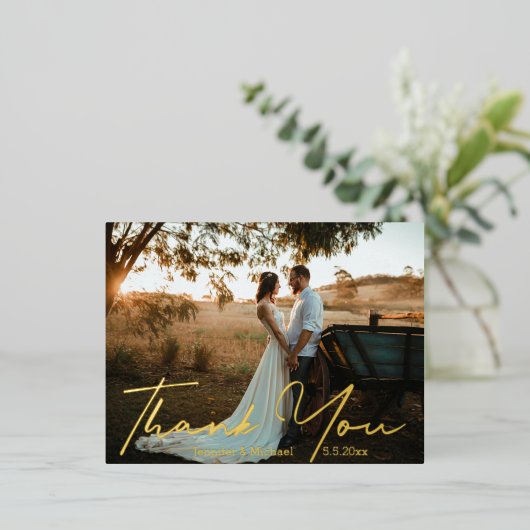 dank je wel , moderne gouden handschrift trouwfoto folie feestdagen briefkaart (Staand Voorkant)