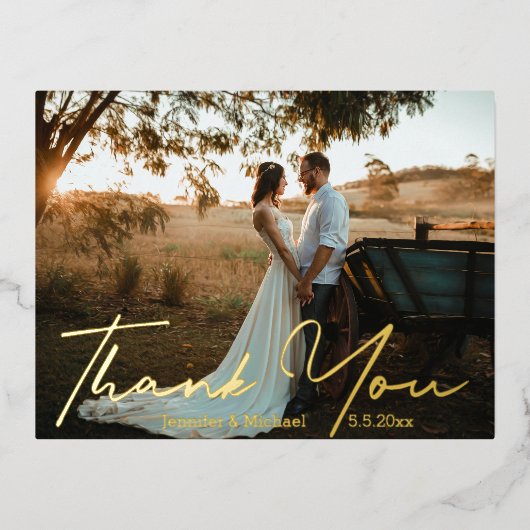 dank je wel , moderne gouden handschrift trouwfoto folie feestdagen briefkaart (Voorkant)