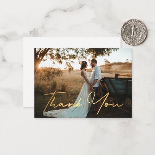 dank je wel , moderne goudhandschrift trouwfoto notitiekaartje (Voorkant / Achterkant in situ)