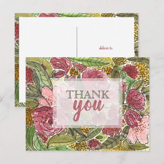Dank Je Wel Mooie Roze Bloemenaquarel Briefkaart (Voorkant / Achterkant)