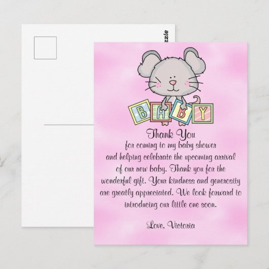 Dank je wel muis voor baby shower cadeau briefkaart (Voorkant / Achterkant)