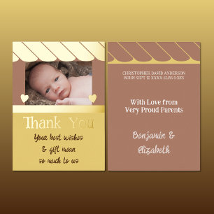 Dank je wel nieuwe babyspeelgoed bruine gele folie uitnodiging
