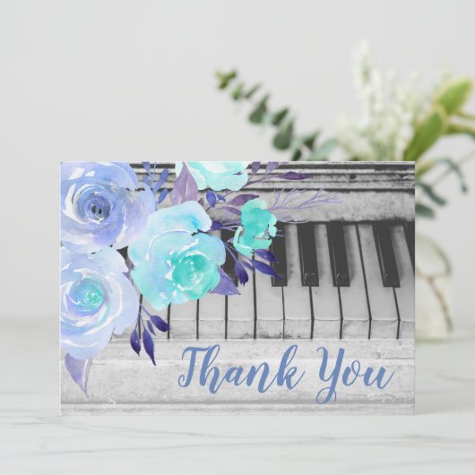 Dank je wel, Pianoblauwe waterverf Bloemen Bedankkaart (Staand voorkant)