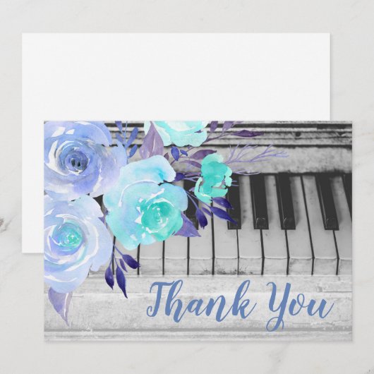 Dank je wel, Pianoblauwe waterverf Bloemen Bedankkaart (Voorkant / Achterkant)