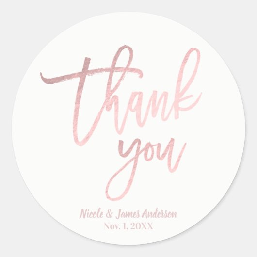 DANK JE WEL Rose Goud Folie Moderne Script Trouwfe Ronde Sticker (Voorkant)