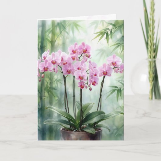 Dank Je Wel Roze Orchideeën Op Groene Bamboe Kaart (Voorkant)