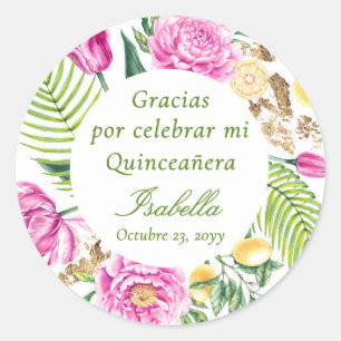 Dank je wel Roze Pioenrozen Spaanse Quinceañera Ronde Sticker