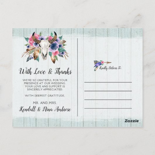 Dank je wel Rusticaal Bloemig Koeien schedel Boho  Briefkaart (Achterkant)