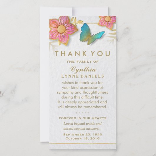 Dank je wel Vlinder Bloem Wit Goud Condoleance Bedankkaart (Voorkant)