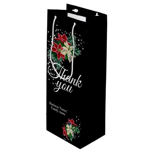Dank je wel Waardering Poinsettia Bloem Zwart Wijn Cadeautas (Voorkant Gekanteld)