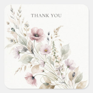 "Dank je wel" Waterverf Boeket van Wilde Bloemen K Vierkante Sticker