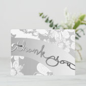 "Dank je wel!" Witte bloemen&grijs Bedankkaart (Staand voorkant)