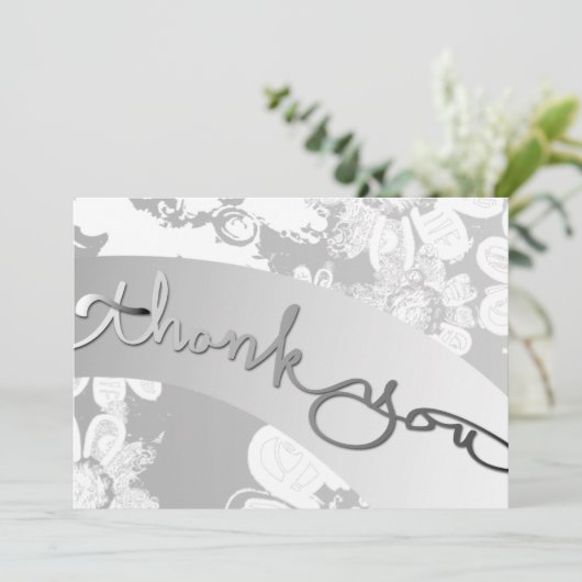 "Dank je wel!" Witte bloemen&grijs Bedankkaart (Staand voorkant)