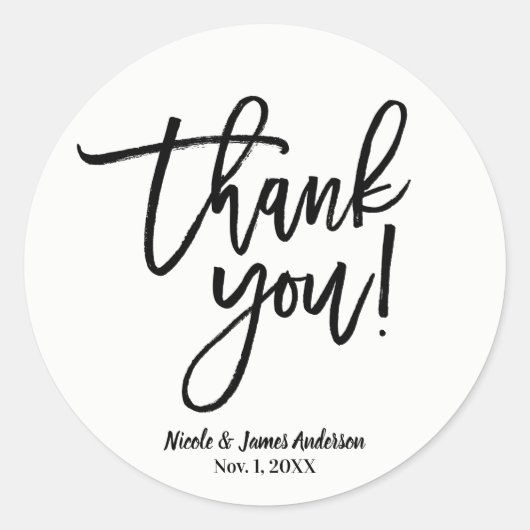 DANK JE WEL Zwarte Moderne Script Huwelijksgunst Ronde Sticker (Voorkant)
