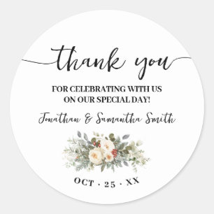 Dank je Winter Witte Bloemen Bruiloft Ronde Sticker