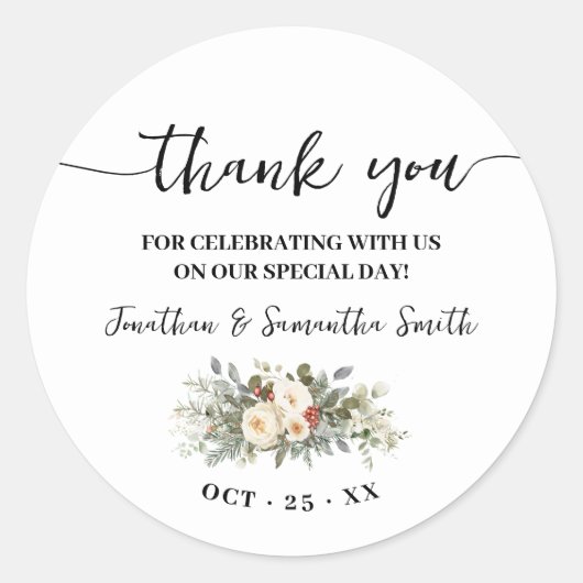 Dank je Winter Witte Bloemen Bruiloft Ronde Sticker (Voorkant)