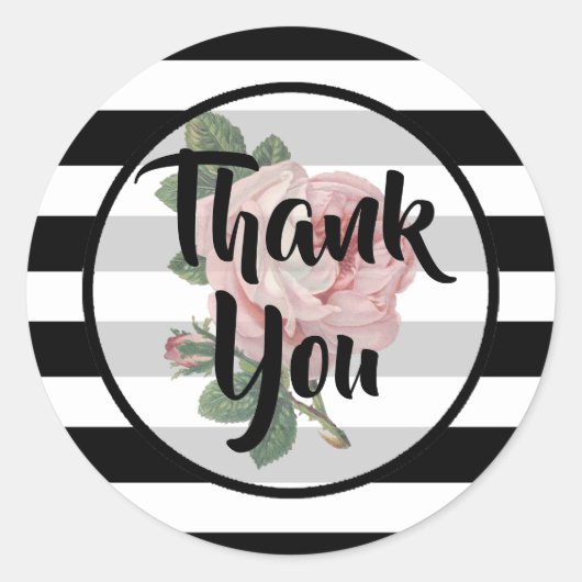 Dank je zwart en wit roze vintage roos ronde sticker (Voorkant)