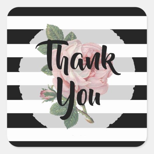 Dank je zwart en wit roze vintage roos vierkante sticker (Voorkant)