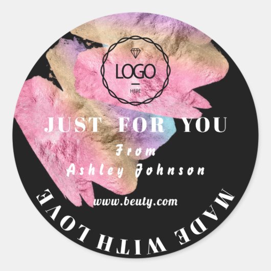 Dank Logo Gemaakt Met Liefde Roze Rose Zwart Ronde Sticker (Voorkant)