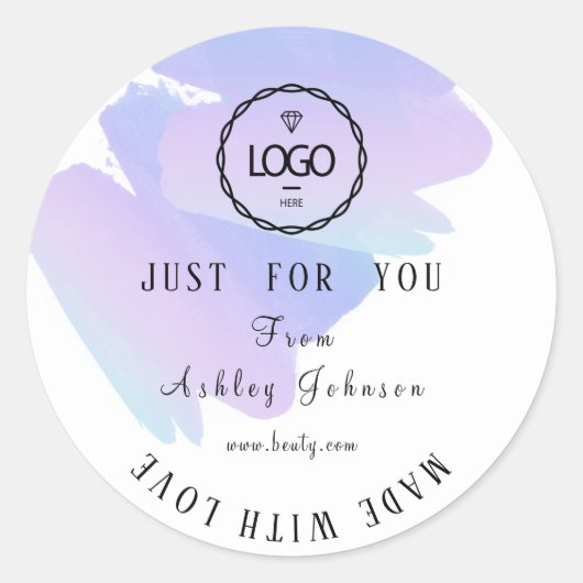 Dank Logo gemaakt met liefdesroze blauwe Paarse Kl Ronde Sticker (Voorkant)