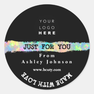 Dank Logo Gemaakt met Love Stroke Holograph Zwart Ronde Sticker