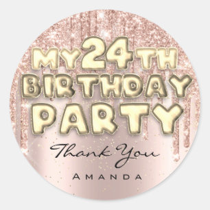 Dank Naam 24e Verjaardagsfeestje Glitter Drips Roo Ronde Sticker