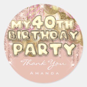 Dank Naam 40ste Verjaardagsfeest Glitter Ballon Go Ronde Sticker