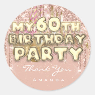 Dank Naam 60ste Verjaardagsfeest Glitter Ballon Go Ronde Sticker
