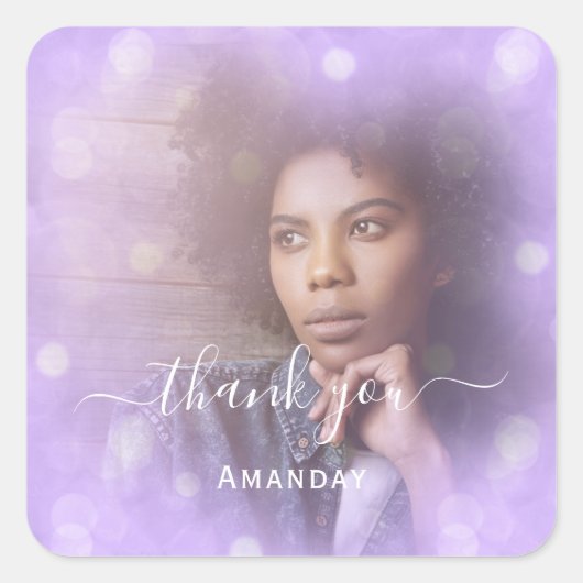 Dank Naam Foto Paars Bruids Sweet16 Vierkante Sticker (Voorkant)