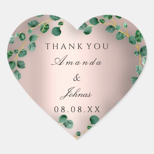Dank Naam Roos Hart Eucalyptus Groen Bruiloft Sticker (Voorkant)