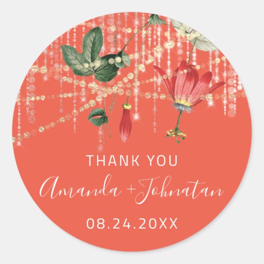 Dank Roos Naam Datum Wit Koraal Golden String Ivy Ronde Sticker (Voorkant)