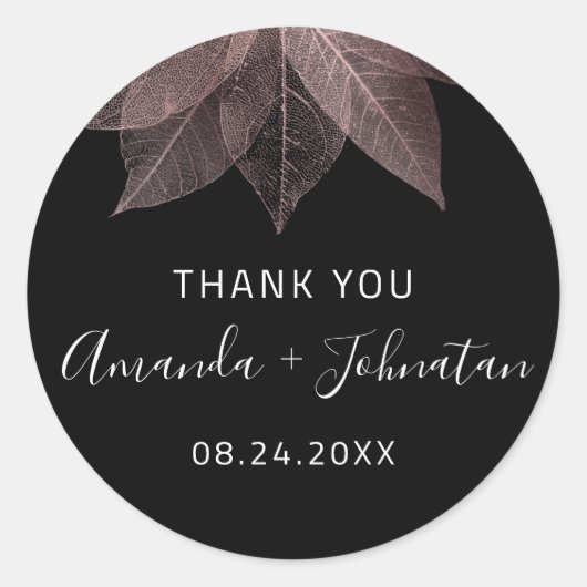 Dank Rose Goud Blad Naam Datum Zwart Wit Blush Ronde Sticker (Voorkant)