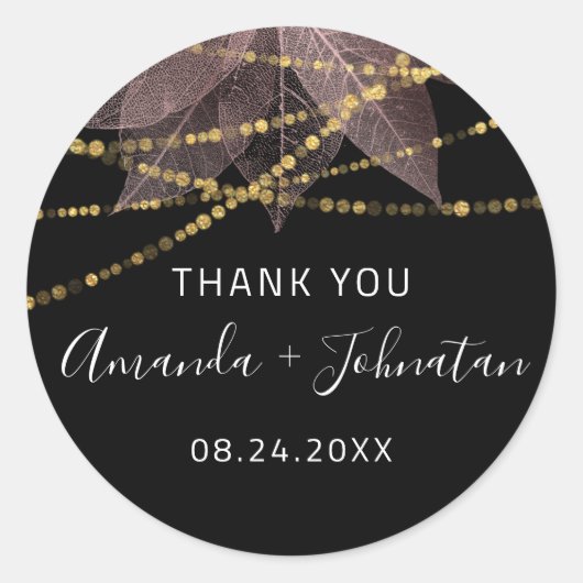 Dank Rose Goud Blad Naam Datum Zwarte Goud Roos Ronde Sticker (Voorkant)