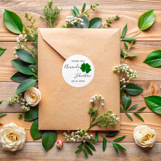 Dank Save The Date Naam Vierbladige Klaver Wit Ronde Sticker