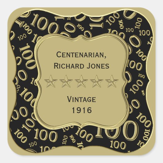 Dank u: 100th Nummerpatroon Gouden/Zwarte Steun Vierkante Sticker (Voorkant)