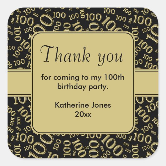 Dank u 100th zwart/gouden nummerpatroon vierkante sticker (Voorkant)