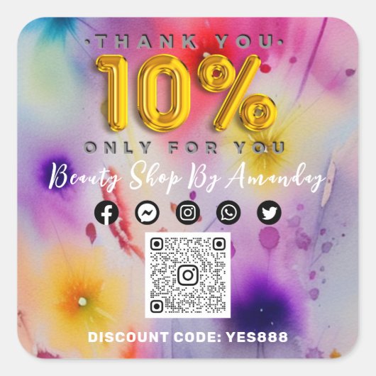 Dank u 10% korting QRCODE Logo Flowers Vierkante Sticker (Voorkant)