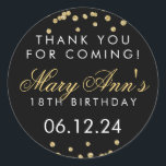 Dank u 18th Birthday Gold Glitter Confetti Zwart Ronde Sticker<br><div class="desc">Elegant 18e verjaardagsfeestje "Dank je" Gouden Faux Glitter Confetti Zwart sjabloon.</div>