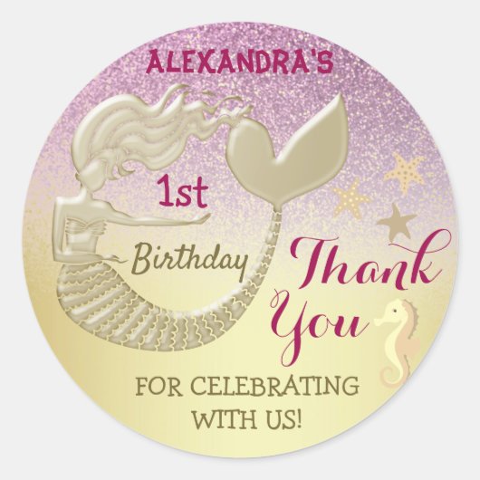 Dank u 1e verjaardag Zeemeermin Roze en Goud Ronde Sticker (Voorkant)