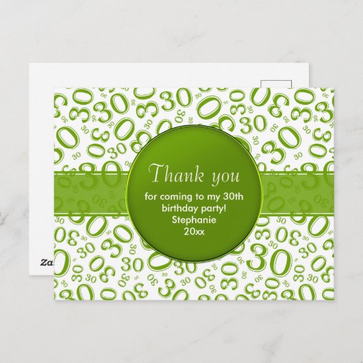 Dank u 30e groen/wit verjaardagsnummerpatroon briefkaart (Voorkant / Achterkant)