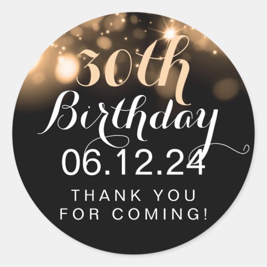 Dank u 30e verjaardag gouden sprankelende lichten ronde sticker (Voorkant)