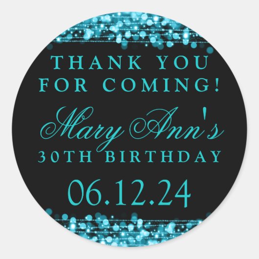 Dank u 30ste verjaardagsfeestje Sparkles Turquoise Ronde Sticker (Voorkant)