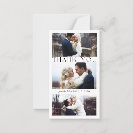 Dank u 3 fotocollage minimale bruiloft notitiekaartje (Voorkant)