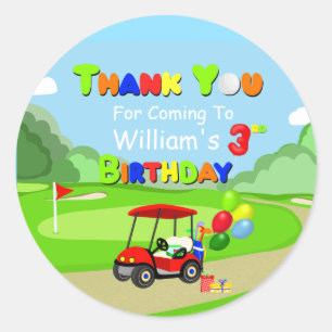 Dank u 3e verjaardag rode golfkar jongen ronde sticker