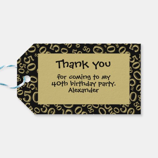Dank u 40e verjaardag goud / zwart nummerpatroon cadeaulabel (Achterkant Horizontaal)