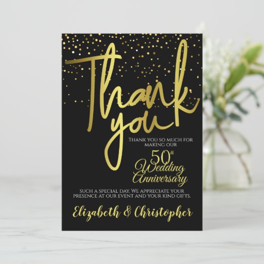 Dank u 50e Jubileum Zwart Goud Bedankkaart (Staand voorkant)