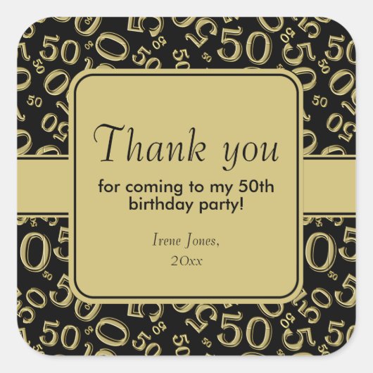 Dank u 50ste Verjaardag Nummer Patroon Goud/Zwart Vierkante Sticker (Voorkant)