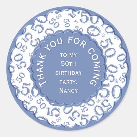 Dank u 50th Nummer Patroon Blauw en Wit Ronde Sticker (Voorkant)